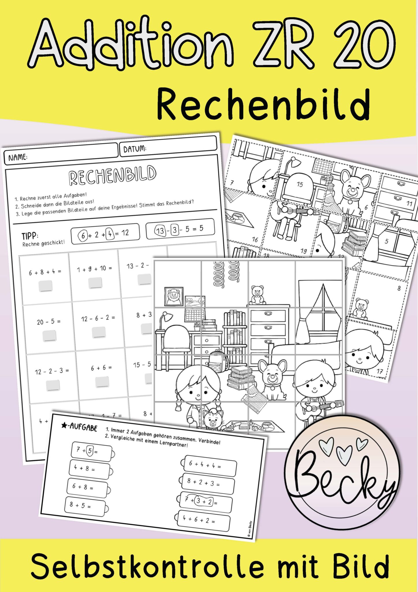 Rechnen bis 20 (Addition, Subtraktion, 5 Arbeitsblätter) | Becky