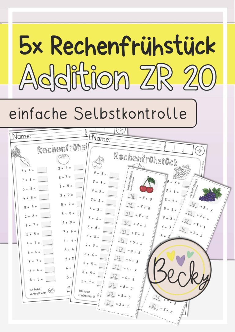 Rechnen bis 20 (Addition, Subtraktion, 5 Arbeitsblätter) | Becky