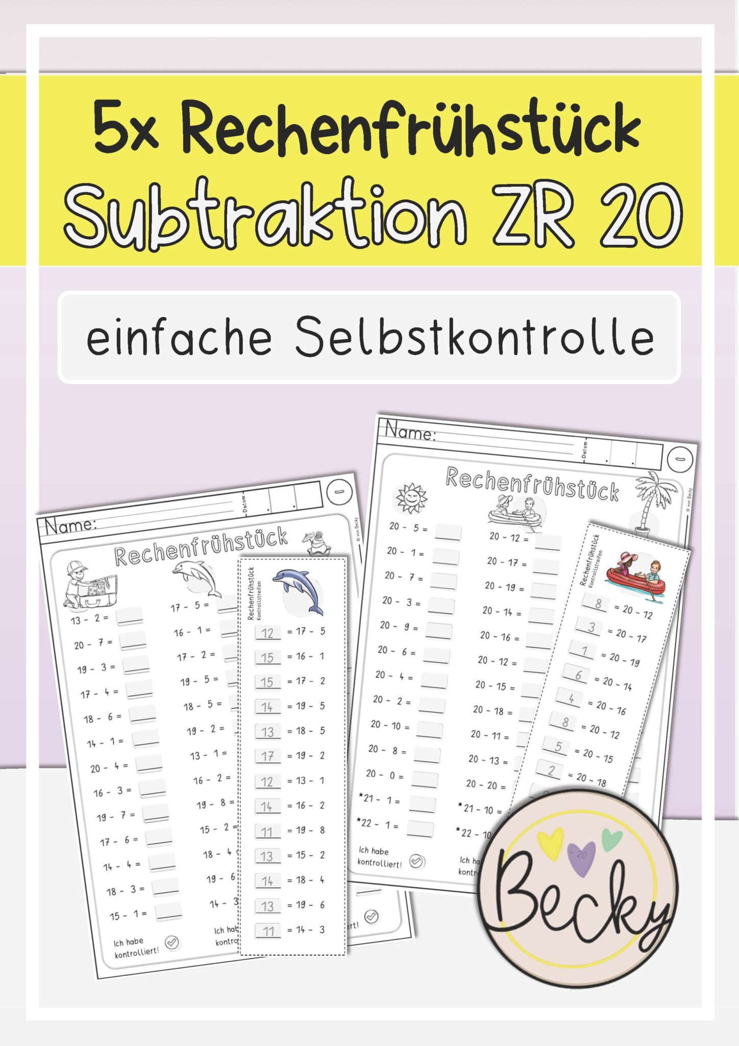 Rechnen bis 20 (Addition, Subtraktion, 5 Arbeitsblätter) | Becky