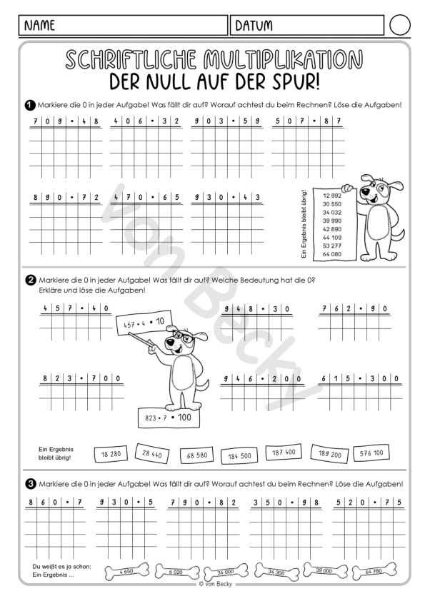 Schriftliche Multiplikation (2 Arbeitsblätter mit Lösungen - Set 1) - Becky