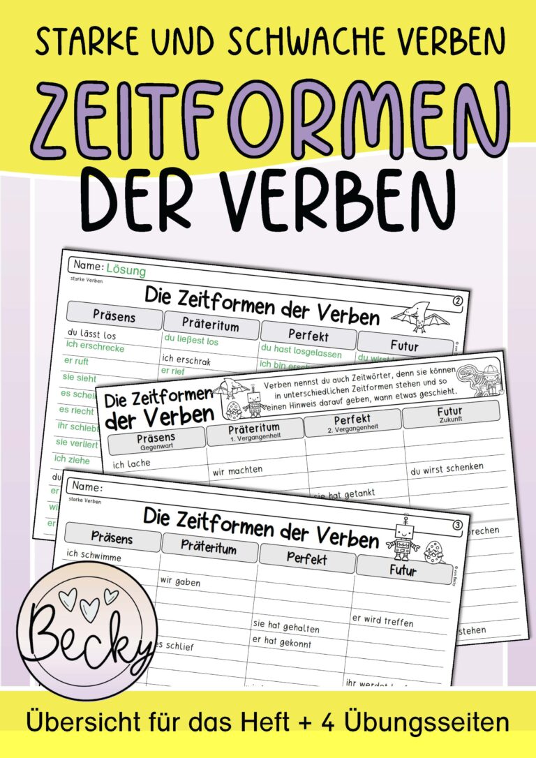 Zeitformen der Verben: 4 Arbeitsblätter + Übersicht für das Heft | Becky