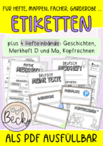 Etiketten plus Zugabe Hefteinbände, Materialübersicht (Klasse 3 und 4)