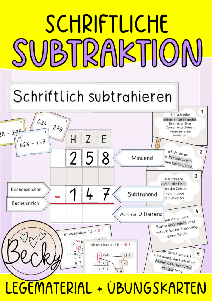 Schriftliche Subtraktion (Legematerial, Übungskarten) | Becky