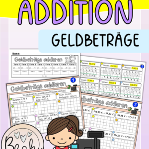 Schriftliche Addition mit Geldbeträgen (Kartei, 48 Aufgaben)