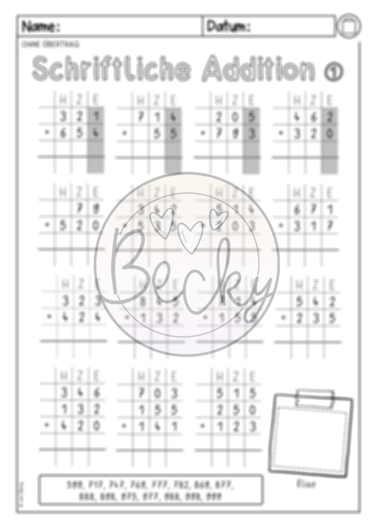 Schriftliche Addition (schriftlich addieren) Übungsheft | Becky